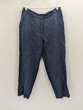 Talbots Irish Linen Trousers Pants Tapered Leg High Rise Crop Navy Blue 8 Casual